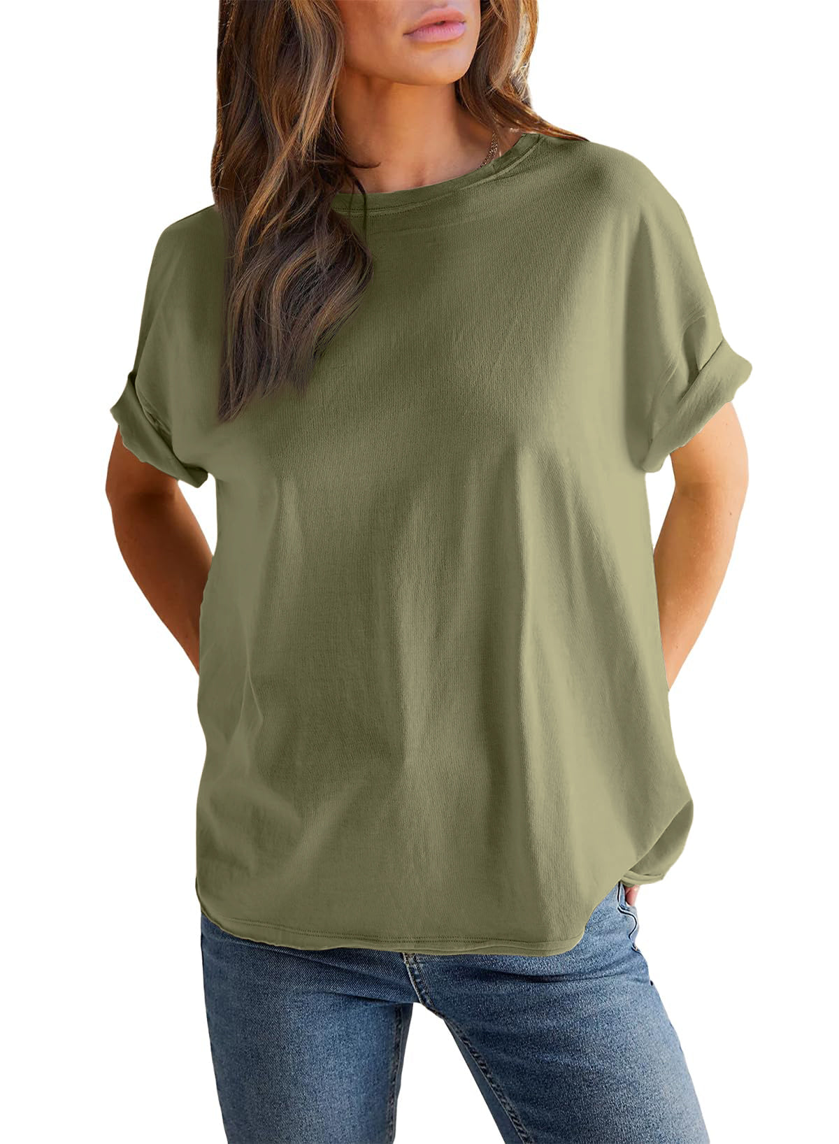 T-shirt Femme Col Rond Manches Courtes Couleur Unie (Achetez 2 pour la livraison gratuite)