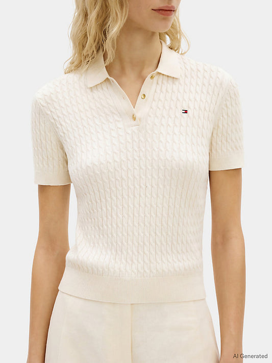 Cable Knit Short Sleeve Polo Jumper