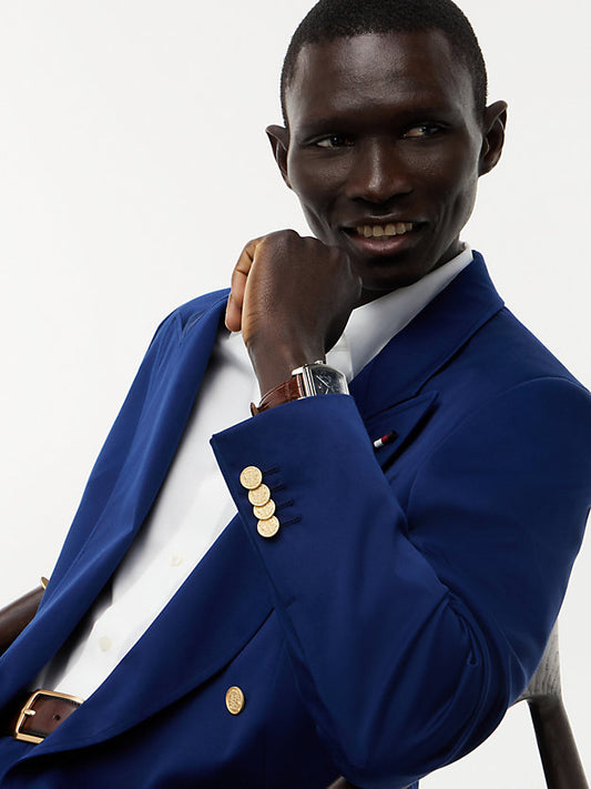 Gold-Tone Button Regular Fit Satin Blazer