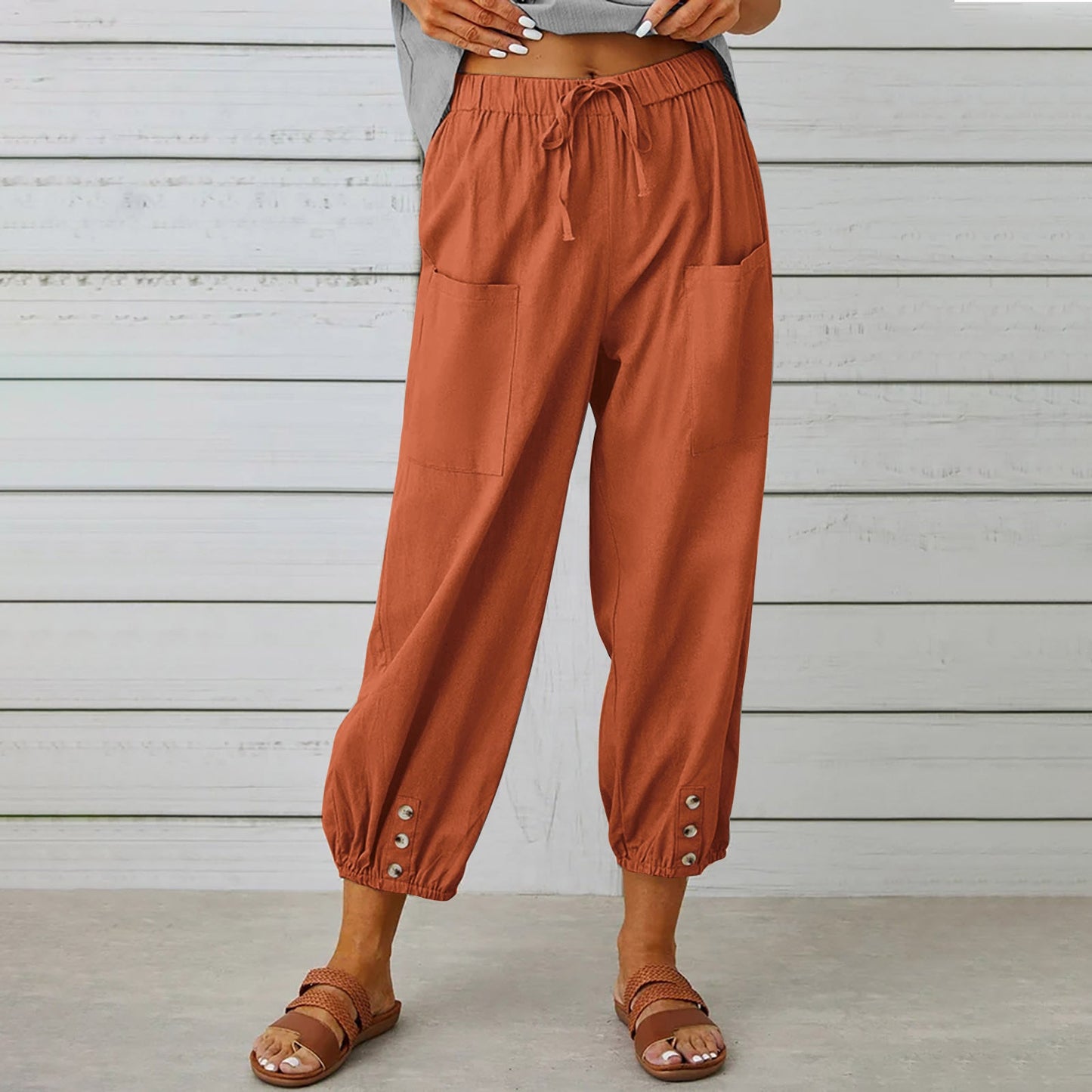 Damenhosen High-Waist-Hose mit Knopfleiste aus Baumwolle und Hanf Dreiviertelhose weites Bein