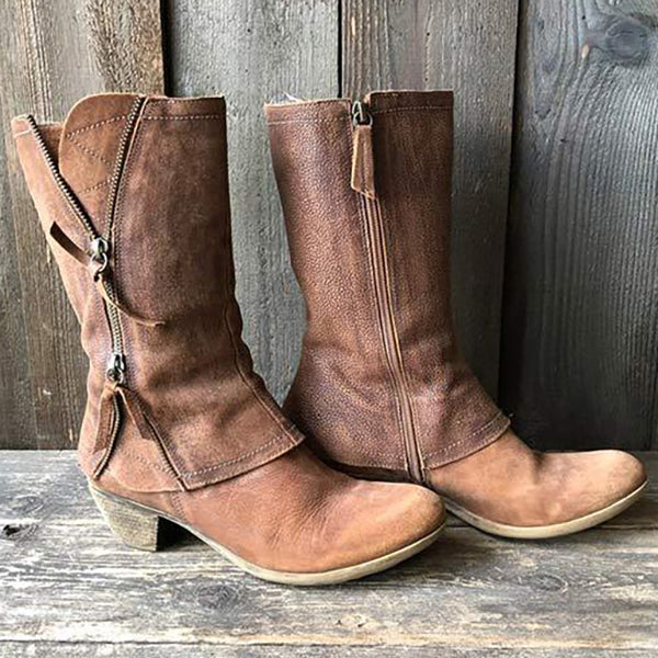 Bottes en cuir à talons carrés moyens avec fermeture éclair latérale pour femme