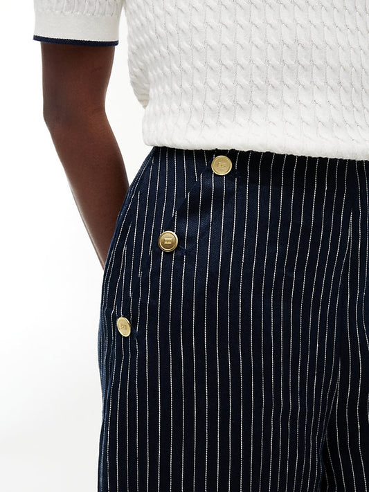 Pinstripe Gold-Tone Button Wide Leg Trousers WiLinen