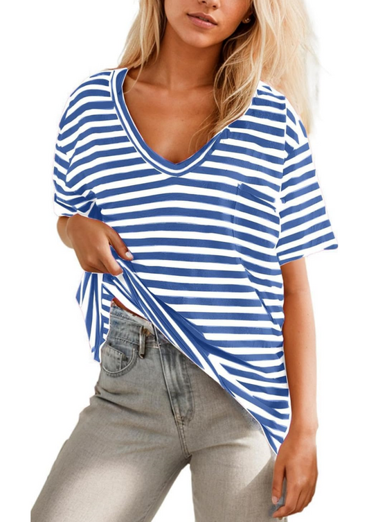 T-shirt Rayé Col V Profond Femme (3 achetés = livraison gratuite)