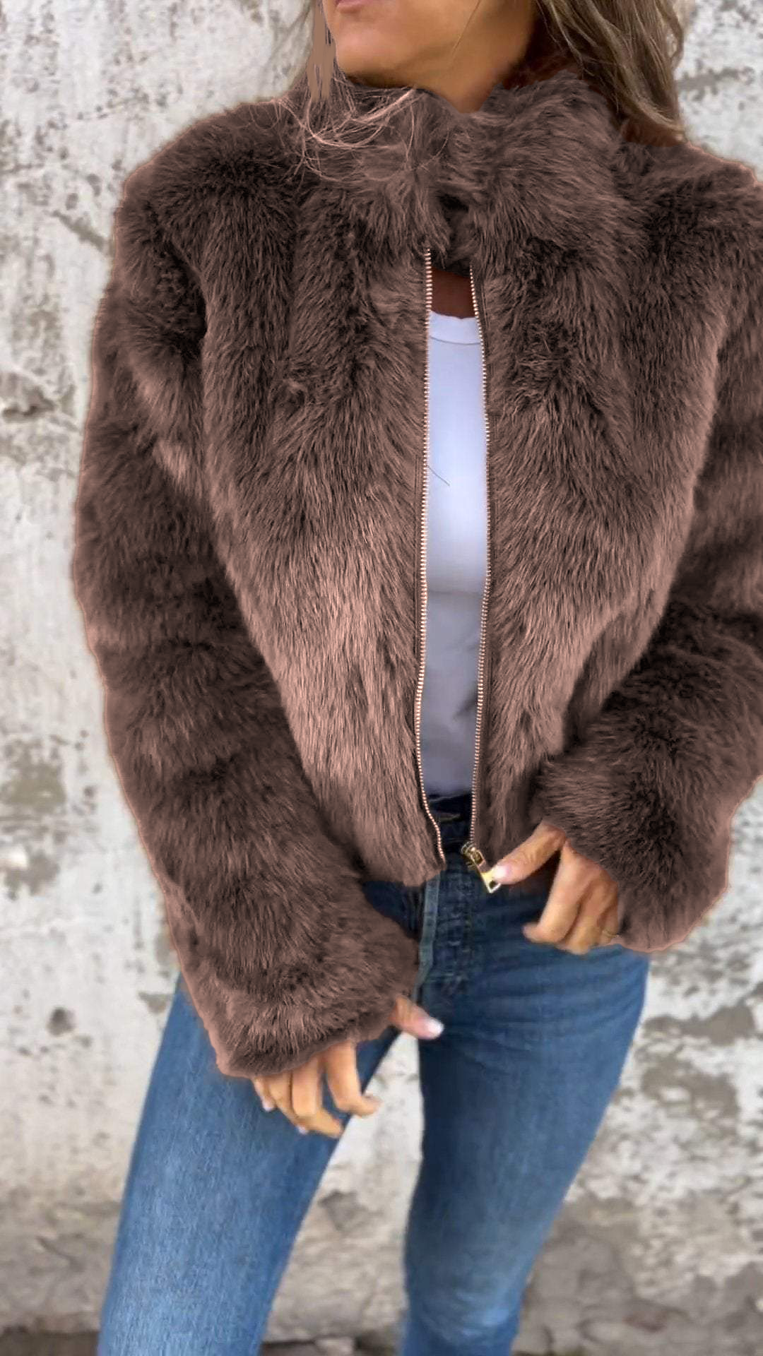 Veste décontractée zippée en fausse fourrure à col montant pour femme