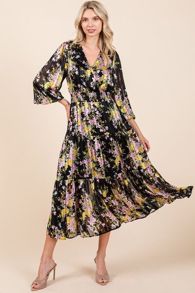 Mittoshop Blumenprint Satin Lurex Streifen Smocked Midikleid