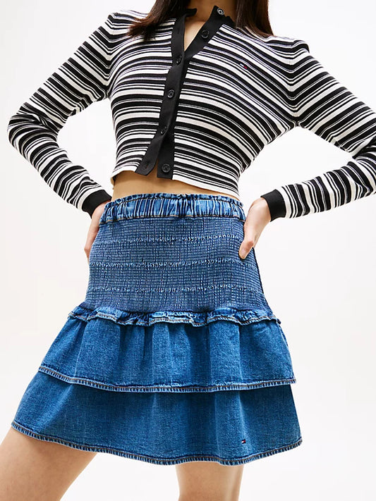 Chambray Slim Tiered Mini Skirt