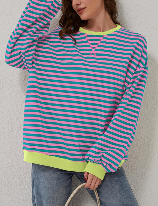 Pull à manches longues rayé oversize pour femme (achetez-en 2, livraison gratuite)