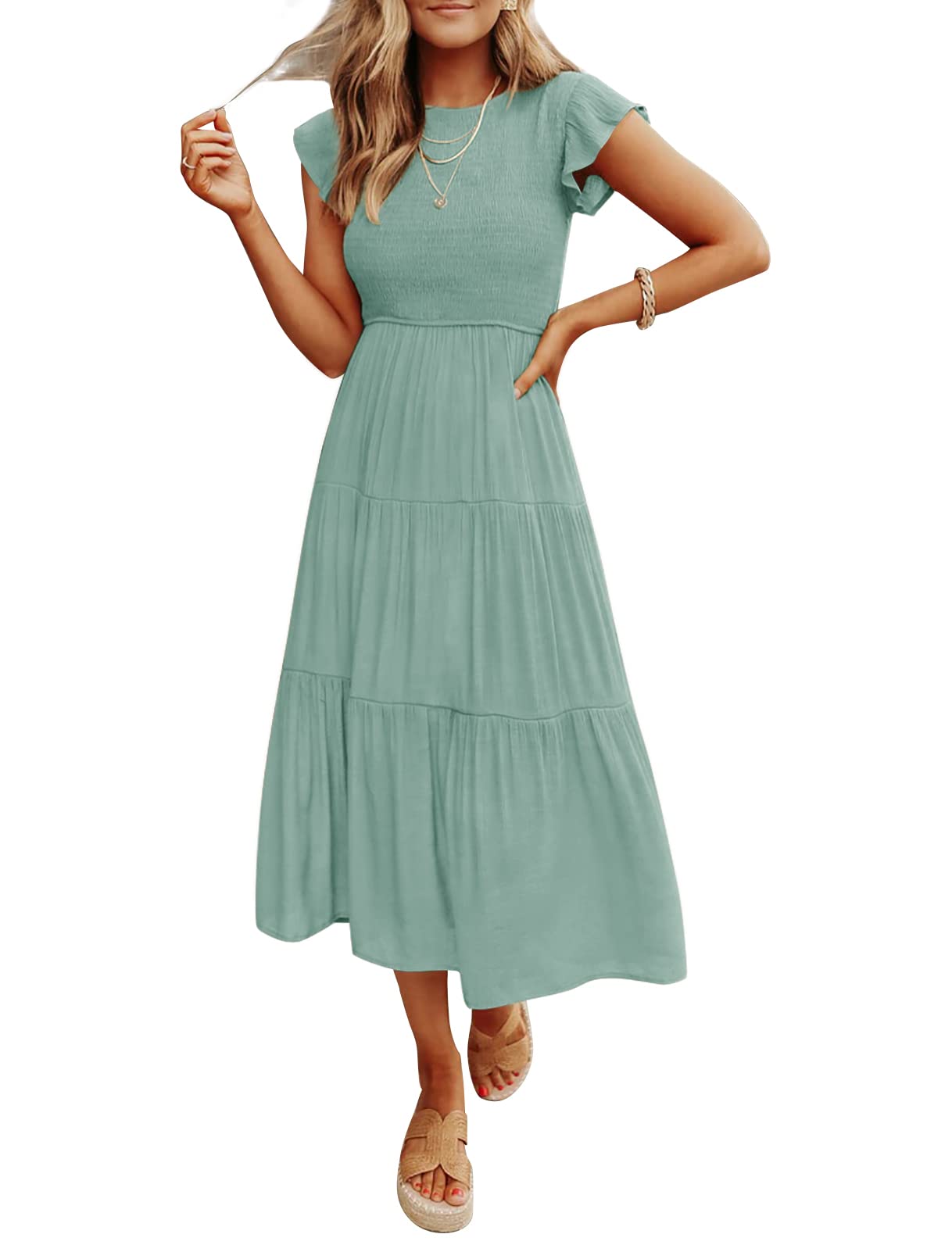 Damen Sommer Freizeit Rüschenärmel Midikleid