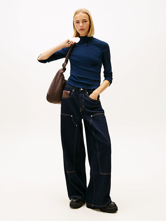 Ruffle Ribbed Slim Mock Neck Top
