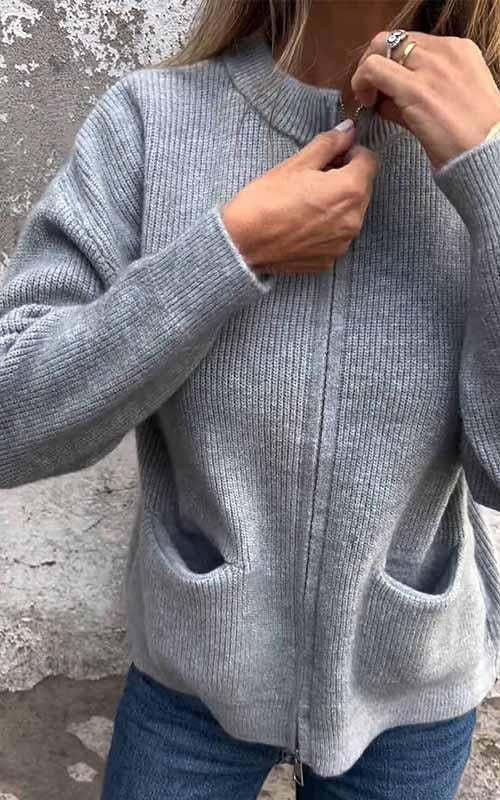 Räumungsverkauf🔥 Strickjacke mit Rundhalsausschnitt und Reißverschluss