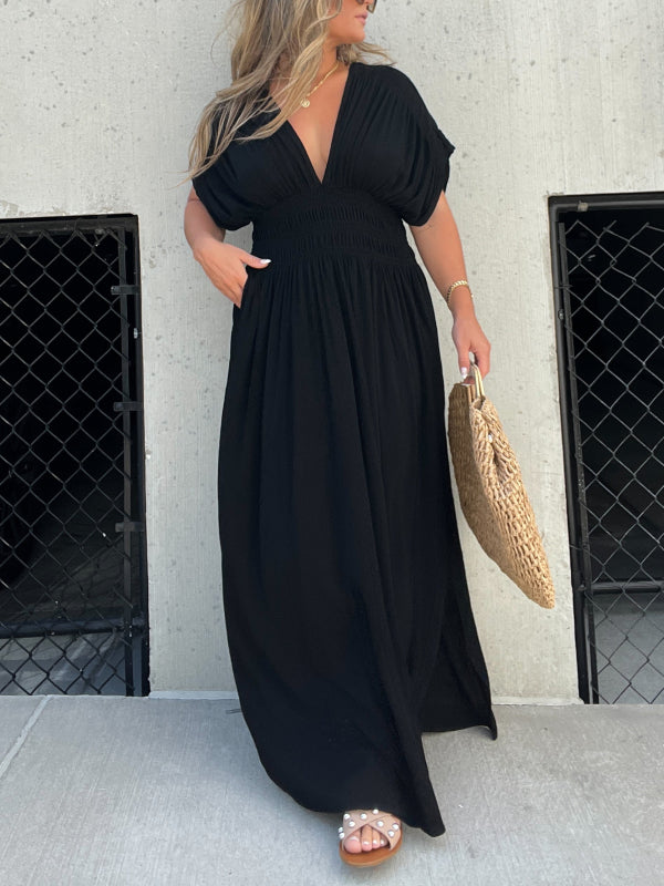 Kleid mit V-Ausschnitt, Schlitz und geraffter Taille (2 kaufen, kostenloser Versand)