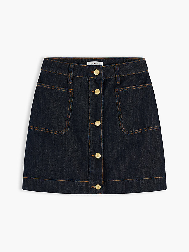 Gold-Tone Button Denim Mini Skirt