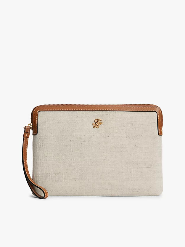 Logo Leather Trim Canvas Pouch