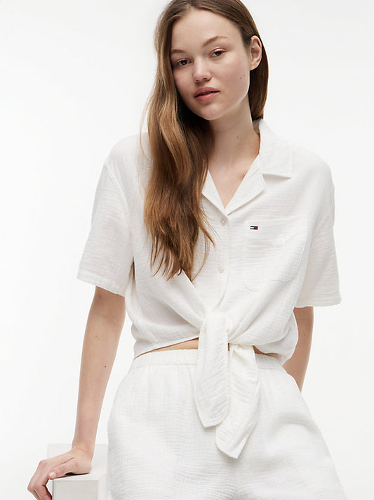Crinkle Tie Front Short Sleeve Shirt
