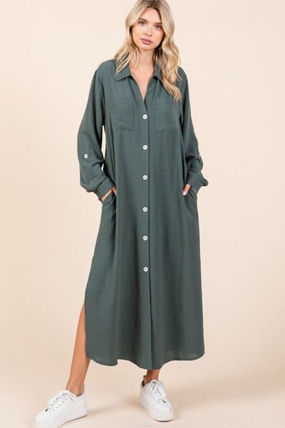 Mittoshop Airflow V-Ausschnitt Langarm durchgeknöpftes Maxikleid
