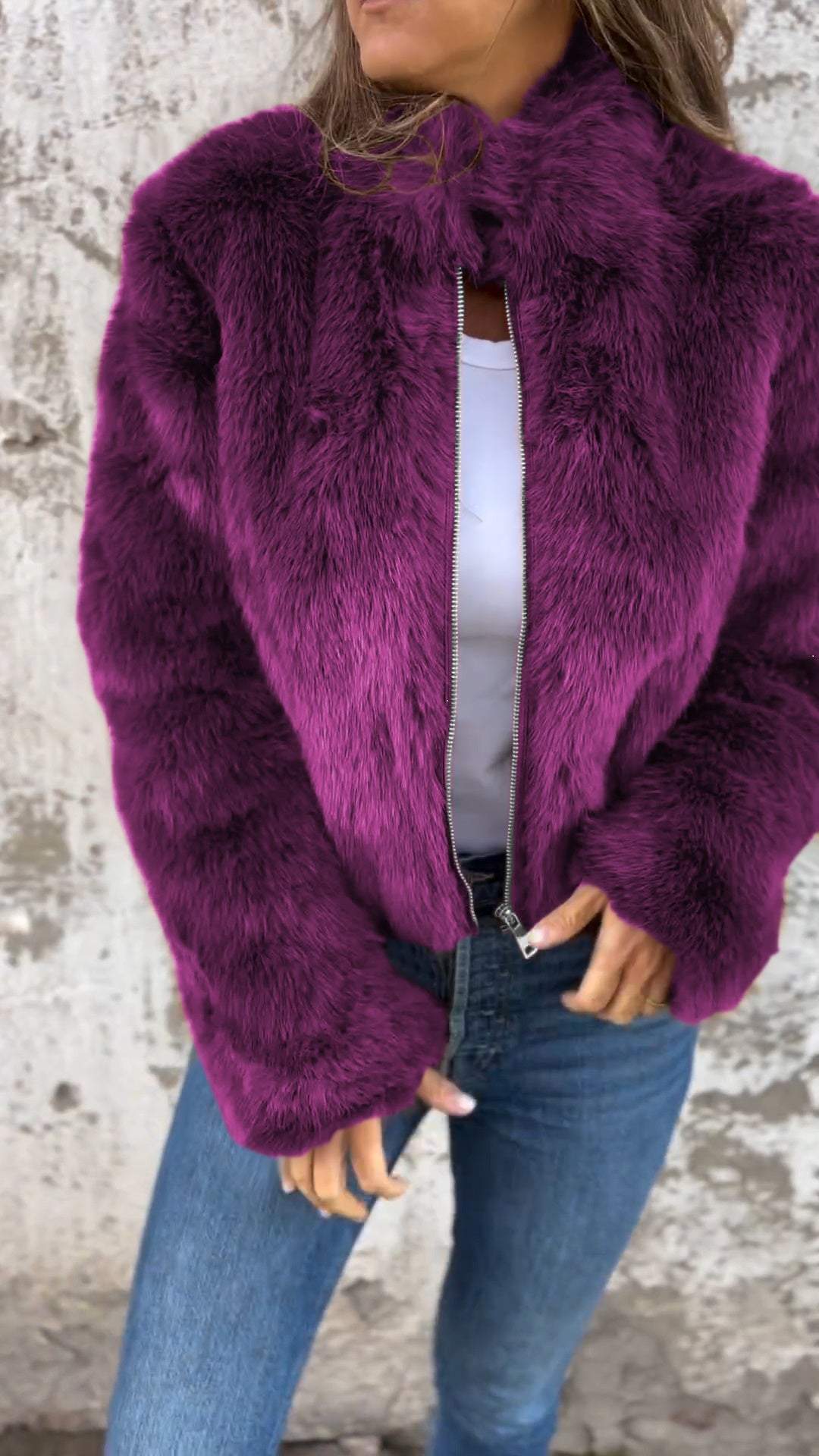 Veste décontractée zippée en fausse fourrure à col montant pour femme