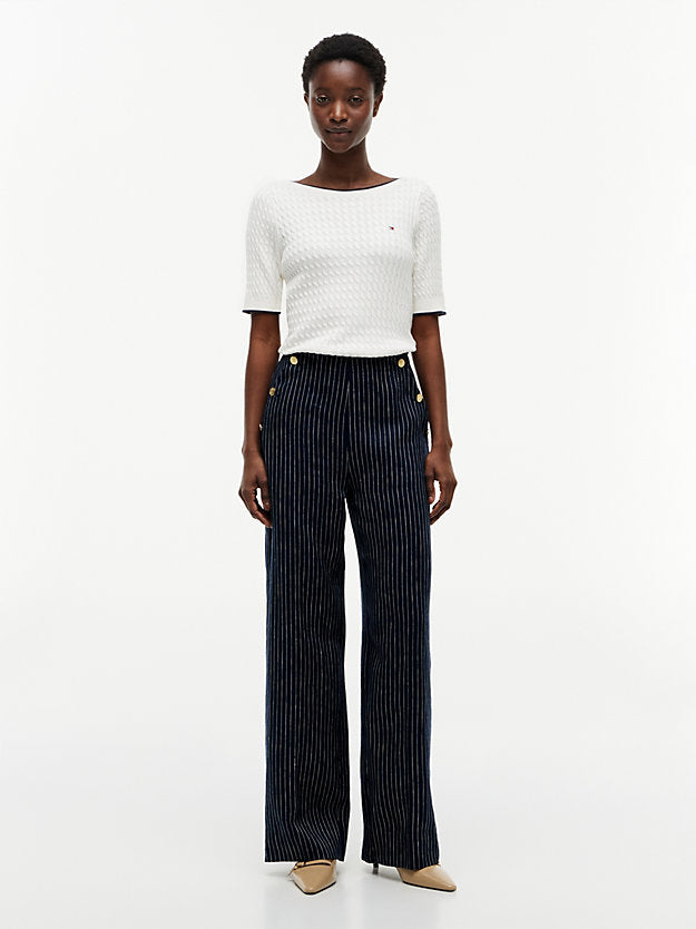 Pinstripe Gold-Tone Button Wide Leg Trousers WiLinen