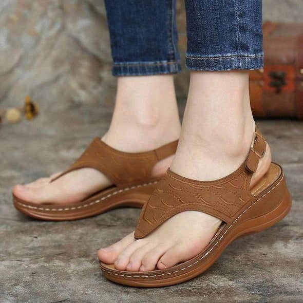 Sandales compensées orthopédiques brodées confortables, sandales de marche en cuir