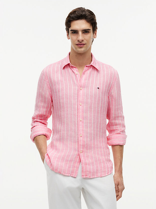Regular Fit Textured Stripe Pure Linen Shirt