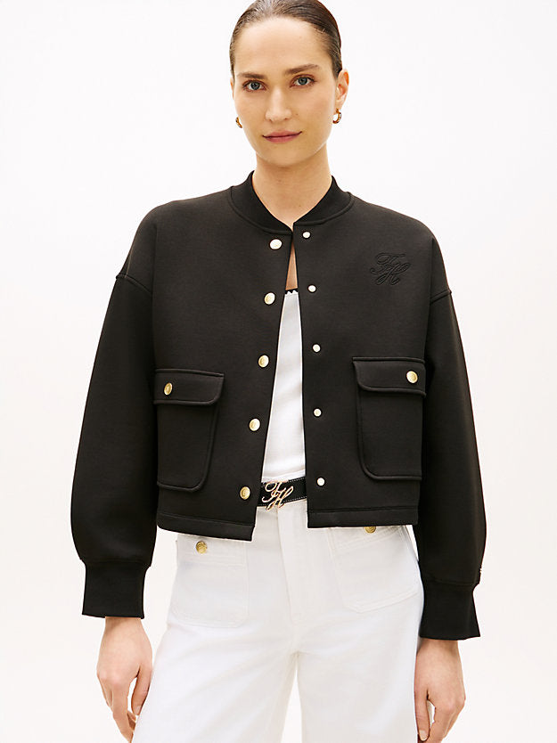 Gold-Tone Button Interlock Knit Relaxed Cardigan