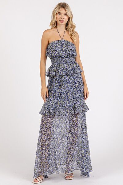 Robe longue à fleurs avec dos nu et smocks volantés Mittoshop
