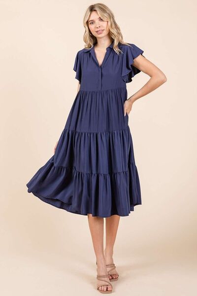 Robe midi étagée à col en V, manches volantées Mittoshop