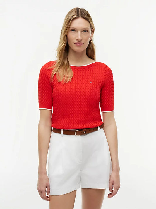 Cable Knit Boat Neck Short Sleeve Jumper