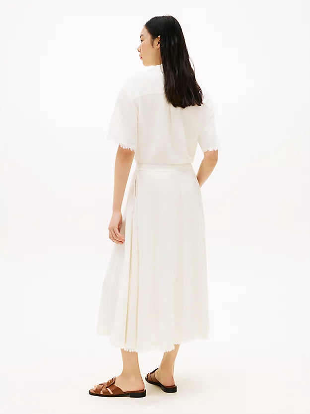 Pleated Linen Blend Midi A-Line Skirt