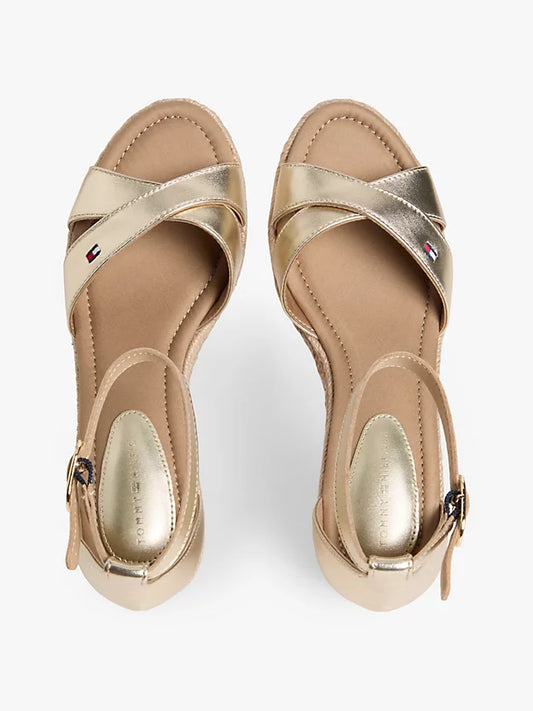 Metallic Leather Crossover Strap Wedge Espadrilles