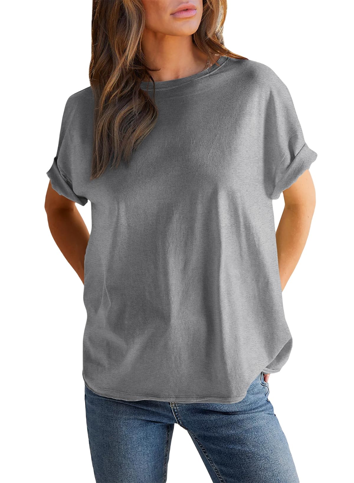 T-shirt Femme Col Rond Manches Courtes Couleur Unie (Achetez 2 pour la livraison gratuite)