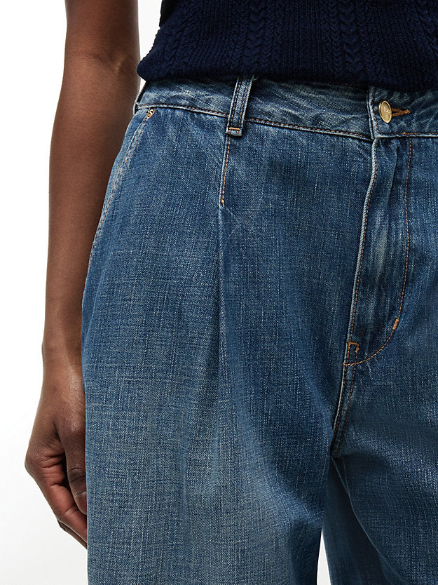 Pleated Mid Rise Wide Leg Jeans