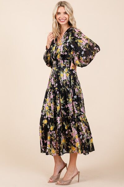 Mittoshop Blumenprint Satin Lurex Streifen Smocked Midikleid