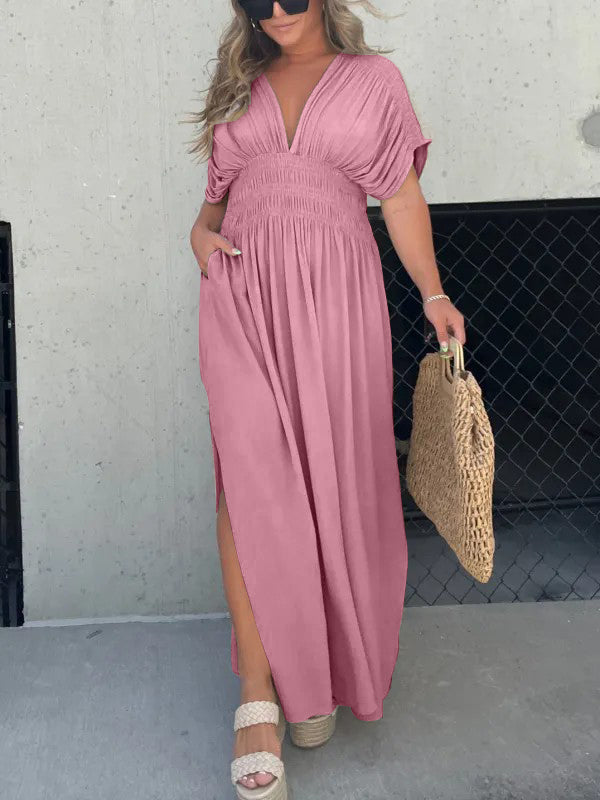 Neues, leichtes Maxikleid mit Schlitz und V-Ausschnitt (2 kaufen, kostenloser Versand)