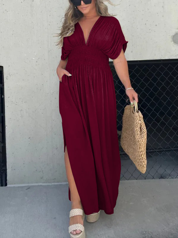 Kleid mit V-Ausschnitt, Schlitz und geraffter Taille (2 kaufen, kostenloser Versand)