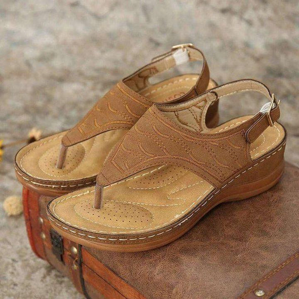 Sandales compensées orthopédiques brodées confortables, sandales de marche en cuir