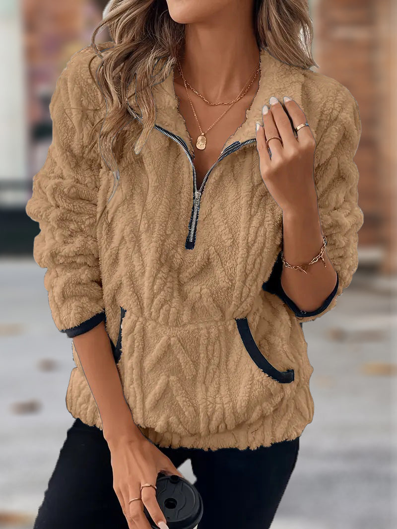 🎄Weihnachts-SALE🔥 2024 Damen Jacke mit Revers, halbem Reißverschluss und Plüschtasche