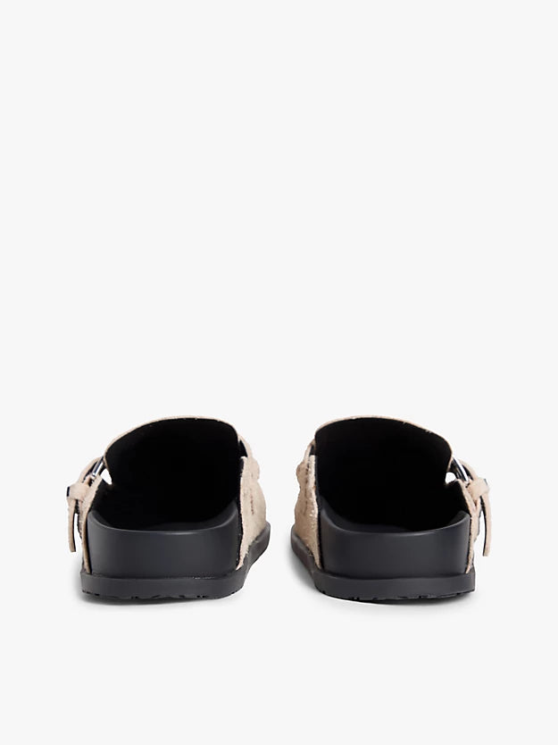 Textured Suede Buckle Mules