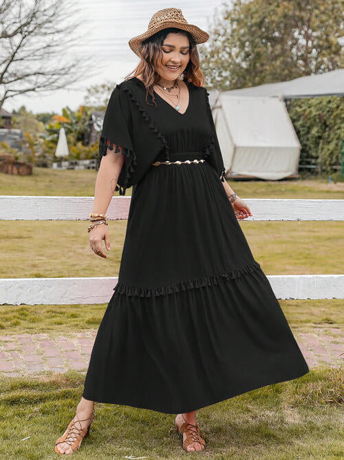 Große Größen Quastenbesatz V-Ausschnitt Kurzarm Rüschensaum Kleid