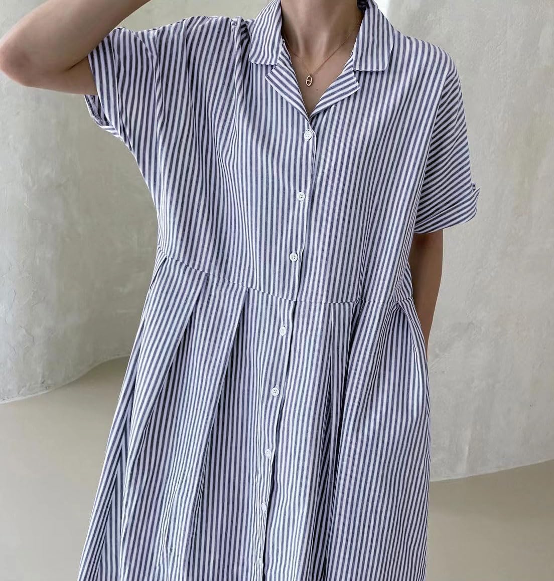 Robe chemise longue mi-longue en coton rayée à manches courtes avec poches pour femme (achetez 2, la livraison est gratuite)