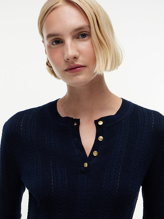 Pointelle Gold-Tone Button Henley Neck Jumper