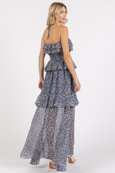 Robe longue à fleurs avec dos nu et smocks volantés Mittoshop