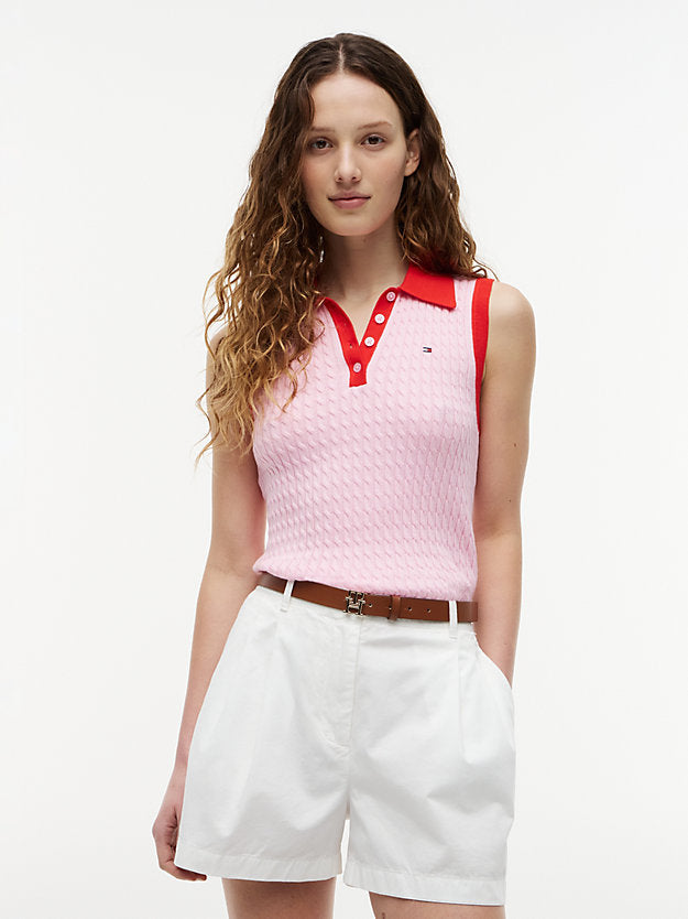 Cable Knit Slim Sleeveless Polo Jumper