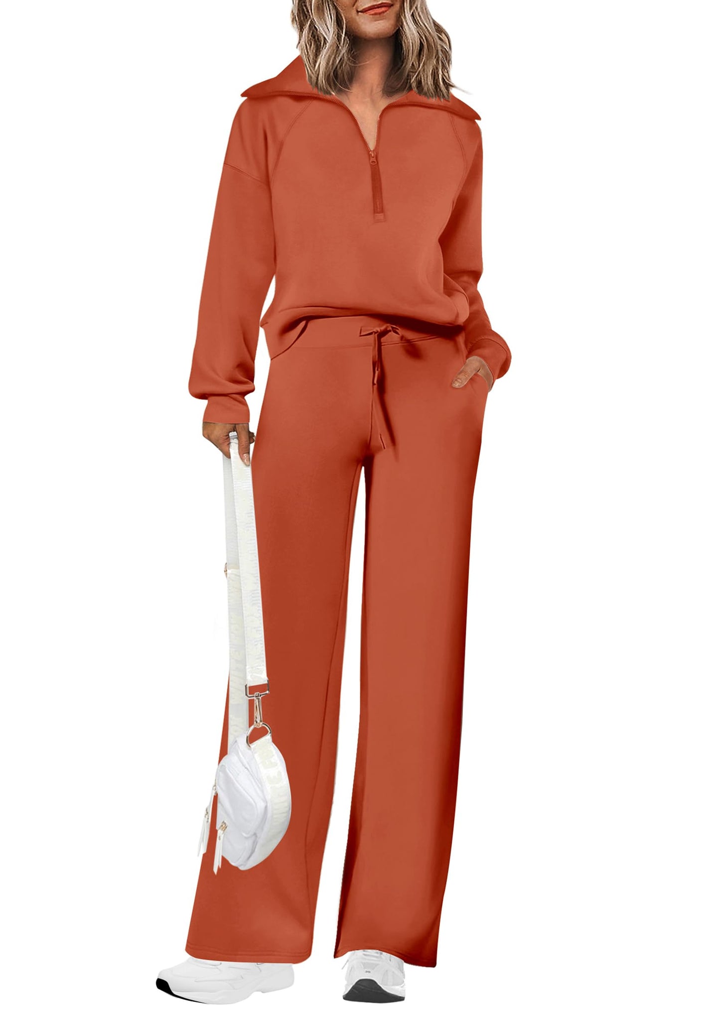 Ensembles deux pièces en coton pour femmes, sweat-shirt à col revers et demi-zip, pantalon de survêtement large, tenue décontractée