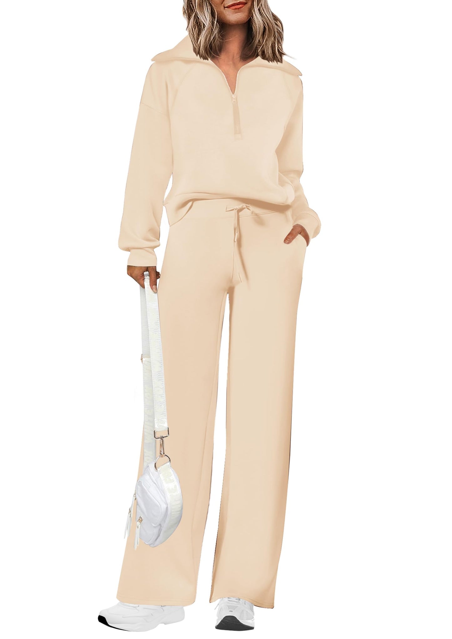 Ensembles deux pièces en coton pour femmes, sweat-shirt à col revers et demi-zip, pantalon de survêtement large, tenue décontractée