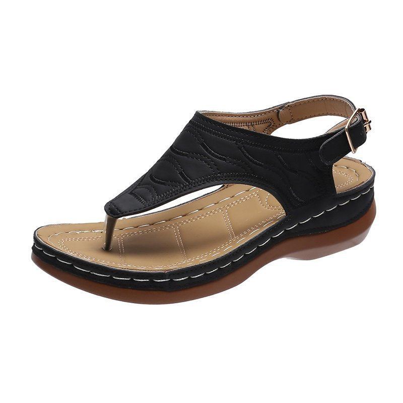 Sandales compensées orthopédiques brodées confortables, sandales de marche en cuir