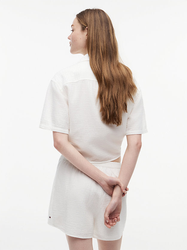 Crinkle Tie Front Short Sleeve Shirt