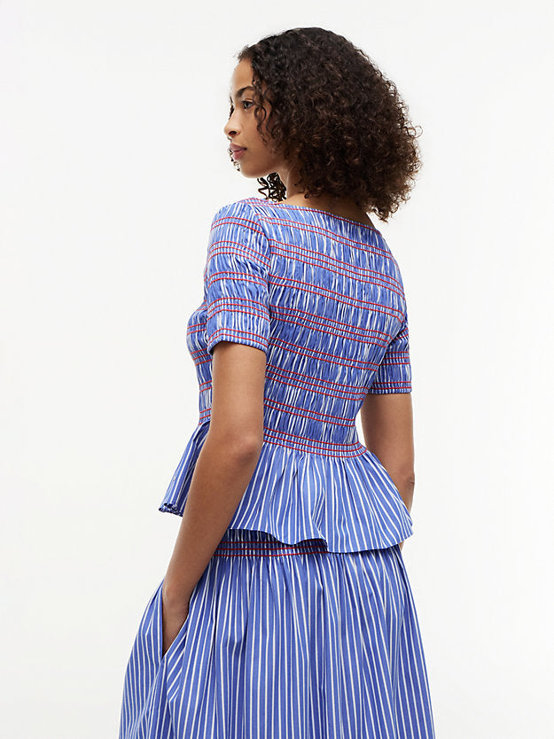 Smock Stripe Ruffle Boat Neck Top