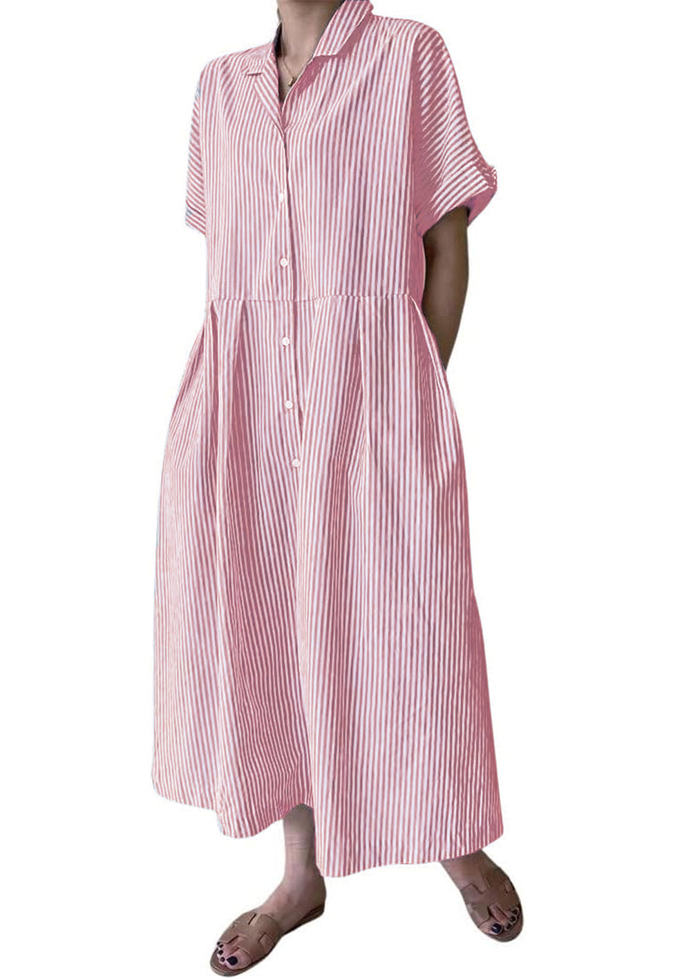 Robe chemise longue mi-longue en coton rayée à manches courtes avec poches pour femme (achetez 2, la livraison est gratuite)