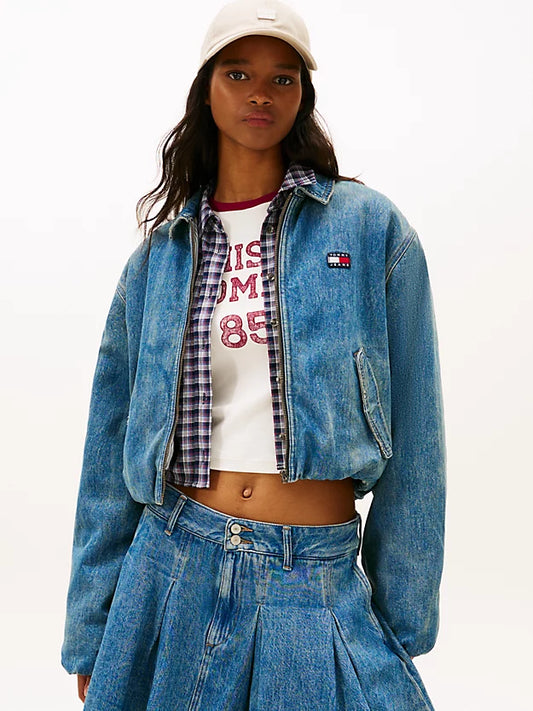 Relaxed Padded Denim Harrington Jacket