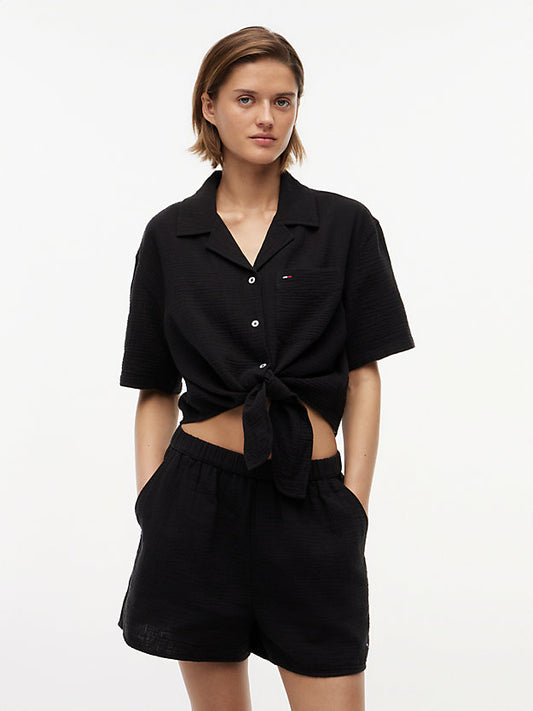 Crinkle Tie Front Short Sleeve Shirt